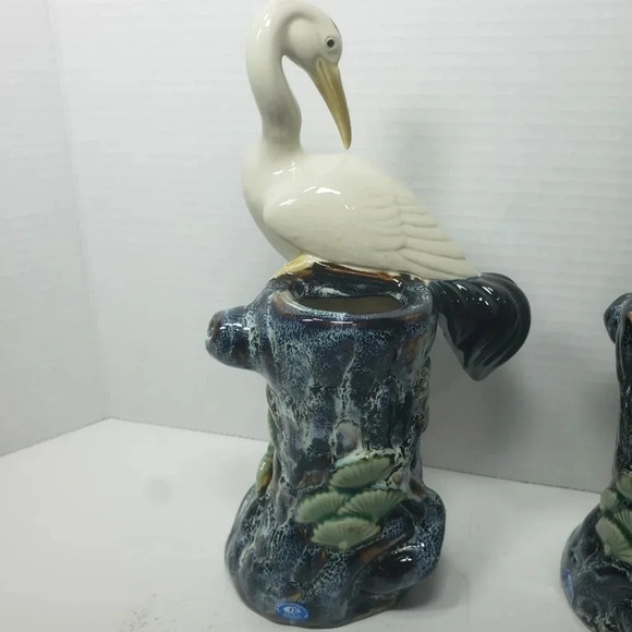 VTG,Majolica Marsh  Egret Birds set of 2 Stork/Heron Vase. - Picture 4 of 13